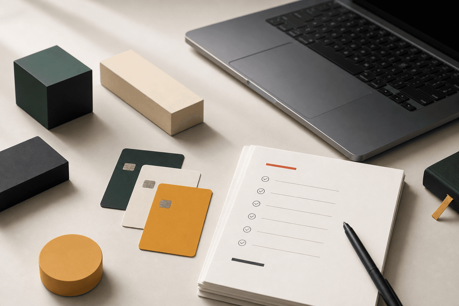 A clean launch kit still with abstract blocks, cards, and checklist papers.
